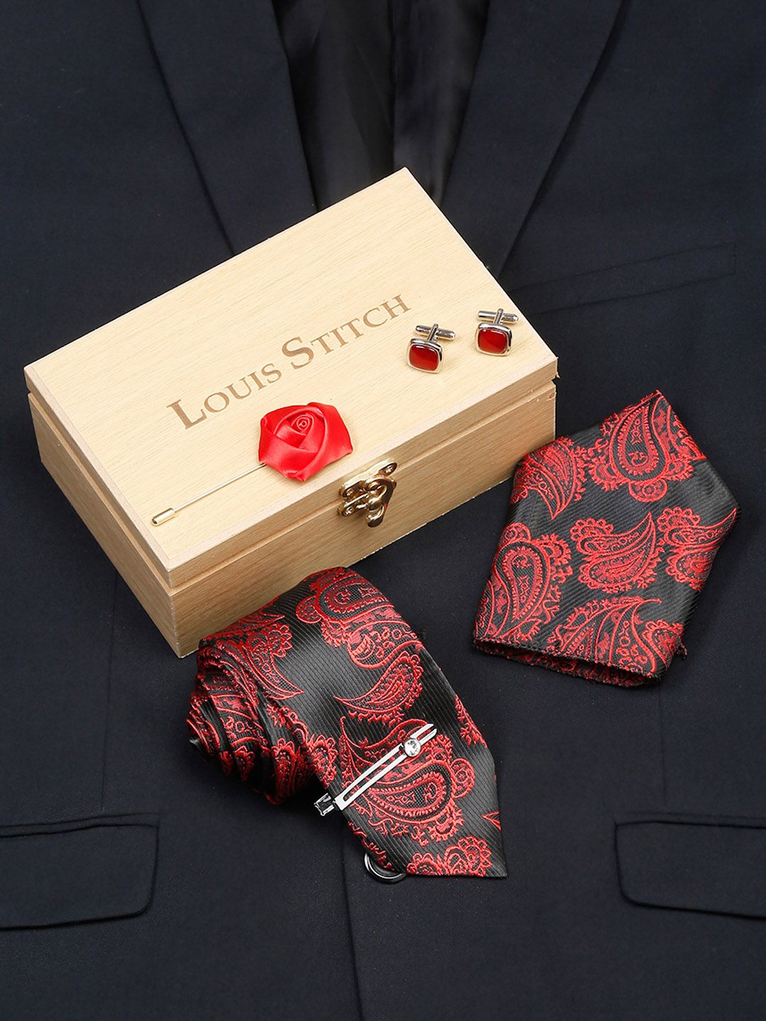 LOUIS STITCH Men Imperial Red Italian Silk Necktie Accessory Gift Set-picture-58