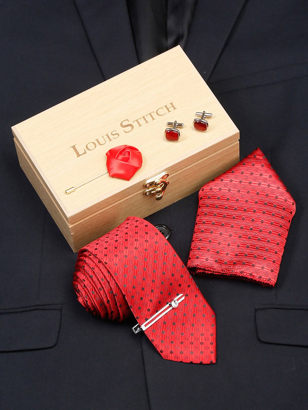 LOUIS STITCH Men Indian Red Italian Silk Necktie Accessory Gift Set-picture-46
