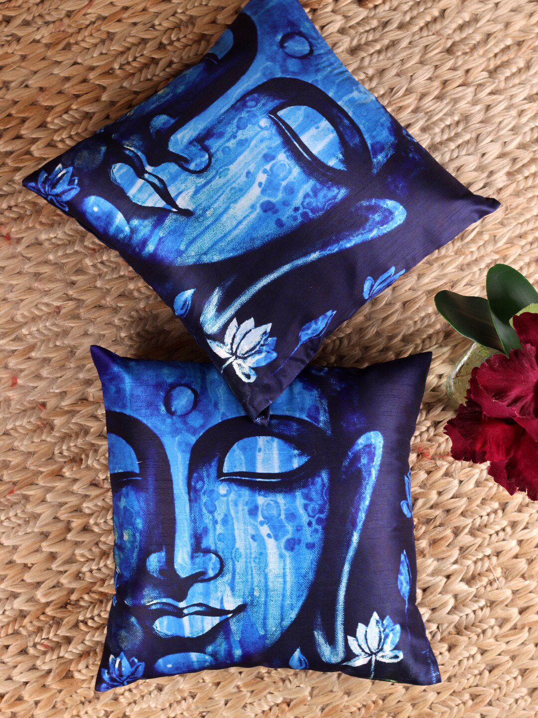 NISRAG HOME Blue & Black 2 Pcs Buddha Printed Square Cushion Covers-picture-35