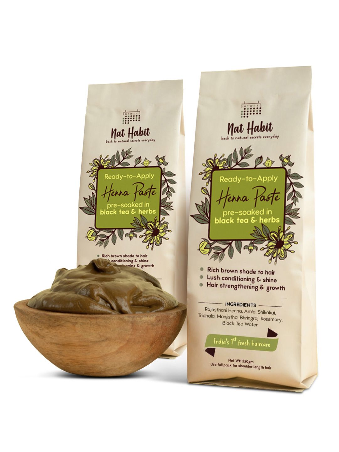 Nat Habit Set of 2 100% Natural Ready-To-Apply Henna Paste 220 g Each - Dark Brown