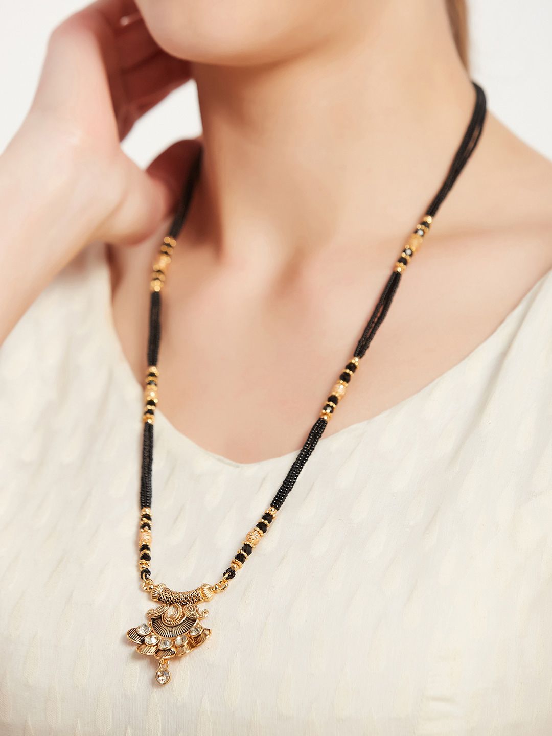 ATIBELLE Gold-Plated Stones-Studded & Beaded Mangalsutra