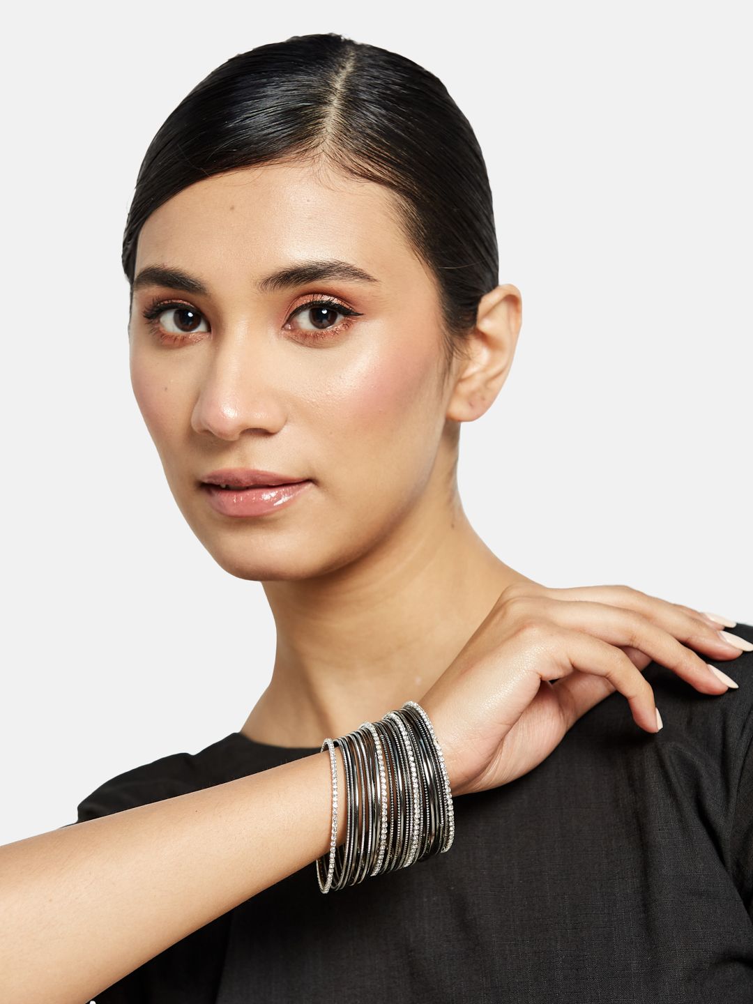 ATIBELLE Set Of 22 Silver-Plated & Stone-Studded Metal Bangles