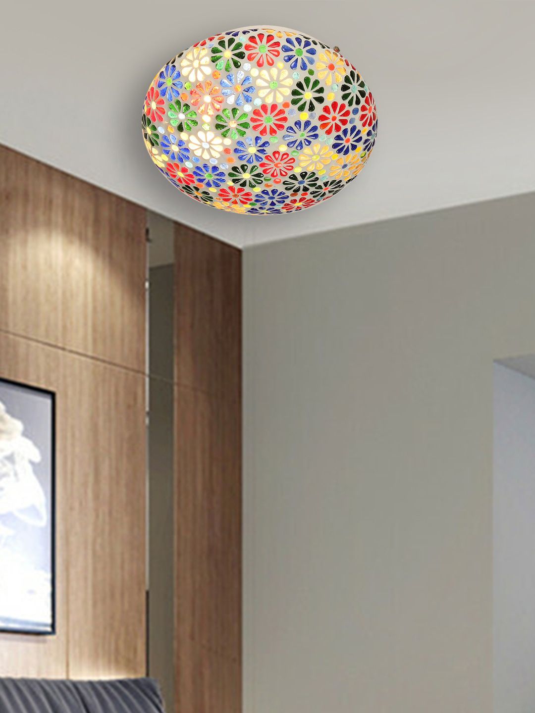 Devansh White & Blue Textured Mosaic Glass Flush Mounted Lamp With Iron Base-picture-37