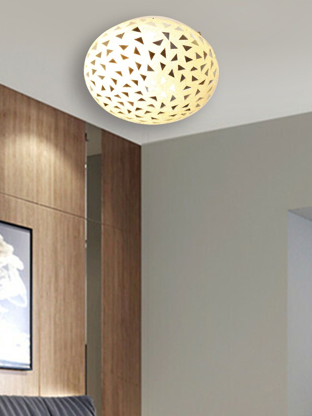 Devansh White Mosaic Textured Flush Glass Mounted Celling Lamp-image-0