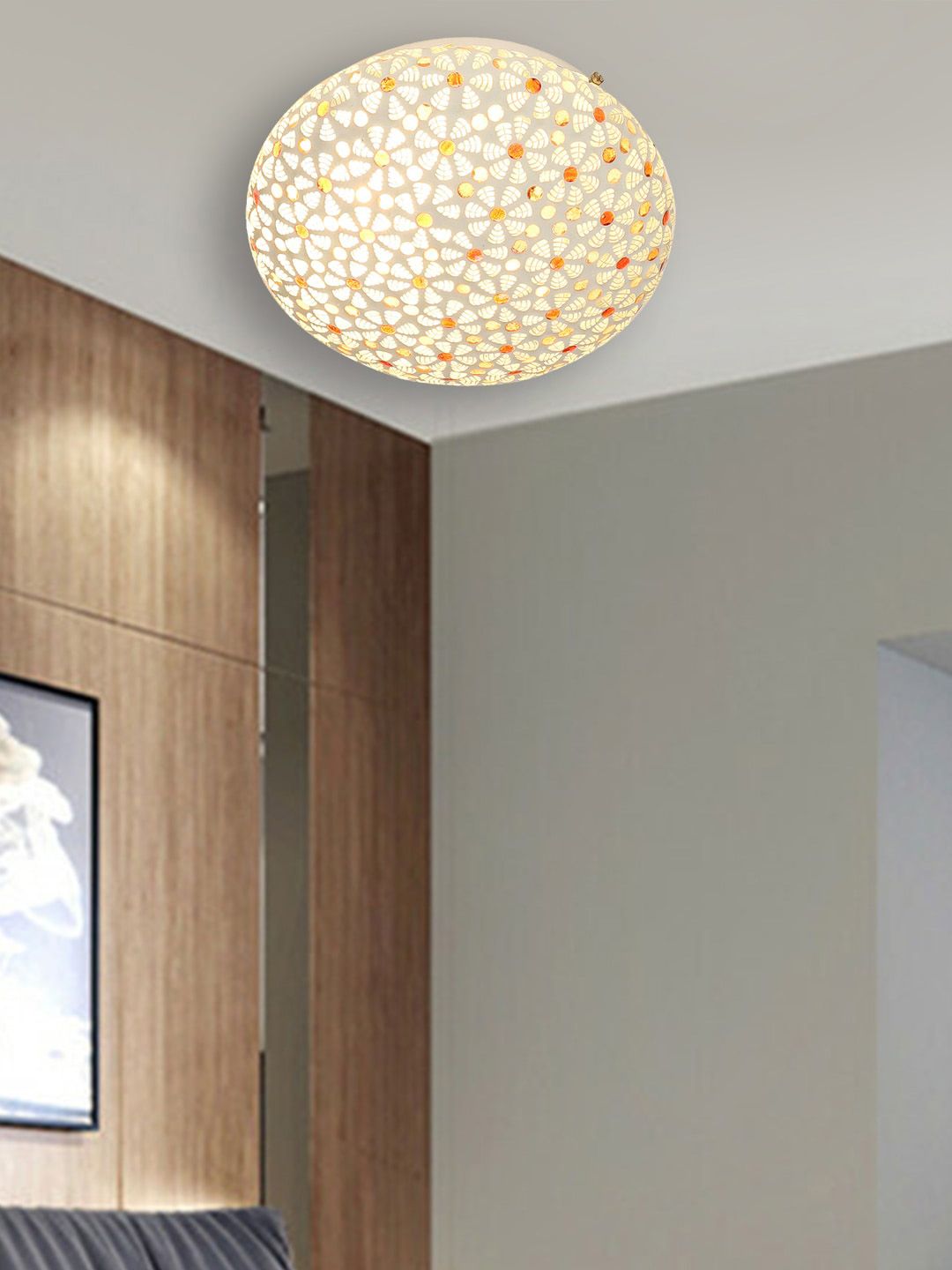 Devansh Off White & Brown Floral Mosaic Design Glass Ceiling Lamp-image-23