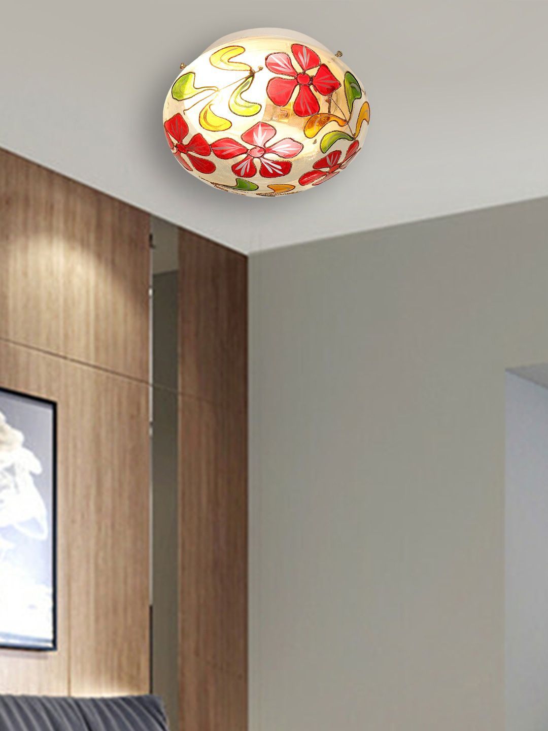 Devansh White & Orange Floral Design Mosaic Glass Flush Mounted Lamp With Iron Base-image-21