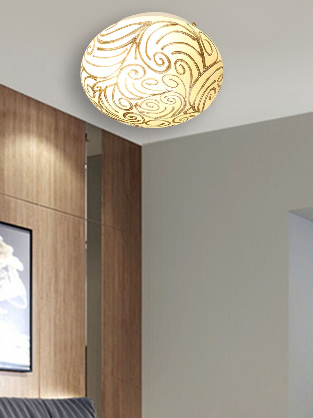 Devansh White & Gold-Toned Abstract Design Mosaic Glass Flush Mounted Lamp With Iron Base-picture-38