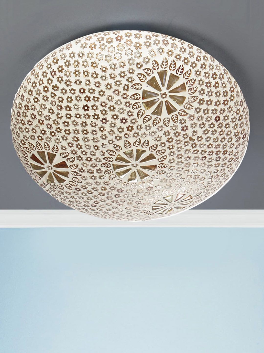Devansh White & Gold-Toned Floral Textured Mosaic Glass Flush Mounted Lamp With Iron Base-picture-11