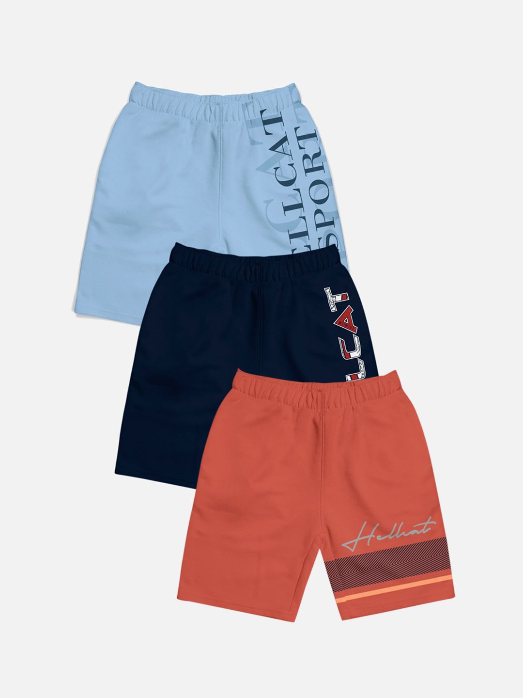 HELLCAT Boys Pack of 3 Trendy Typographic Printed Cotton Sports Shorts