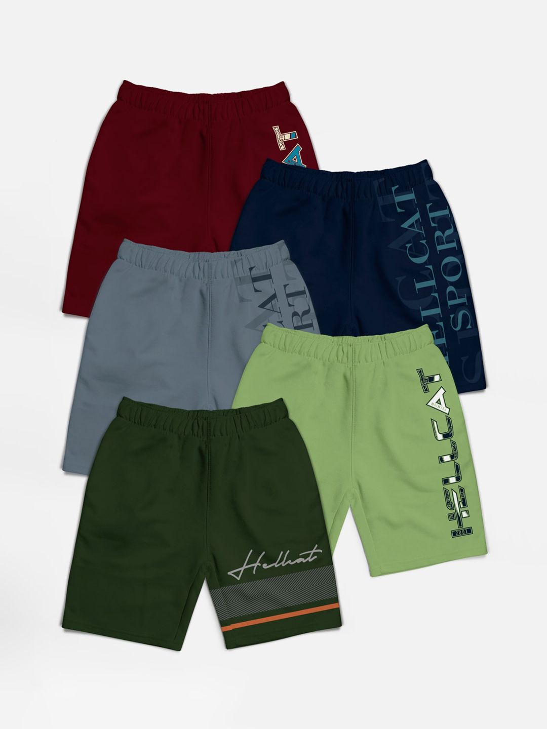 HELLCAT Boys Pack of 5 Cotton Mid-Rise Sports Shorts