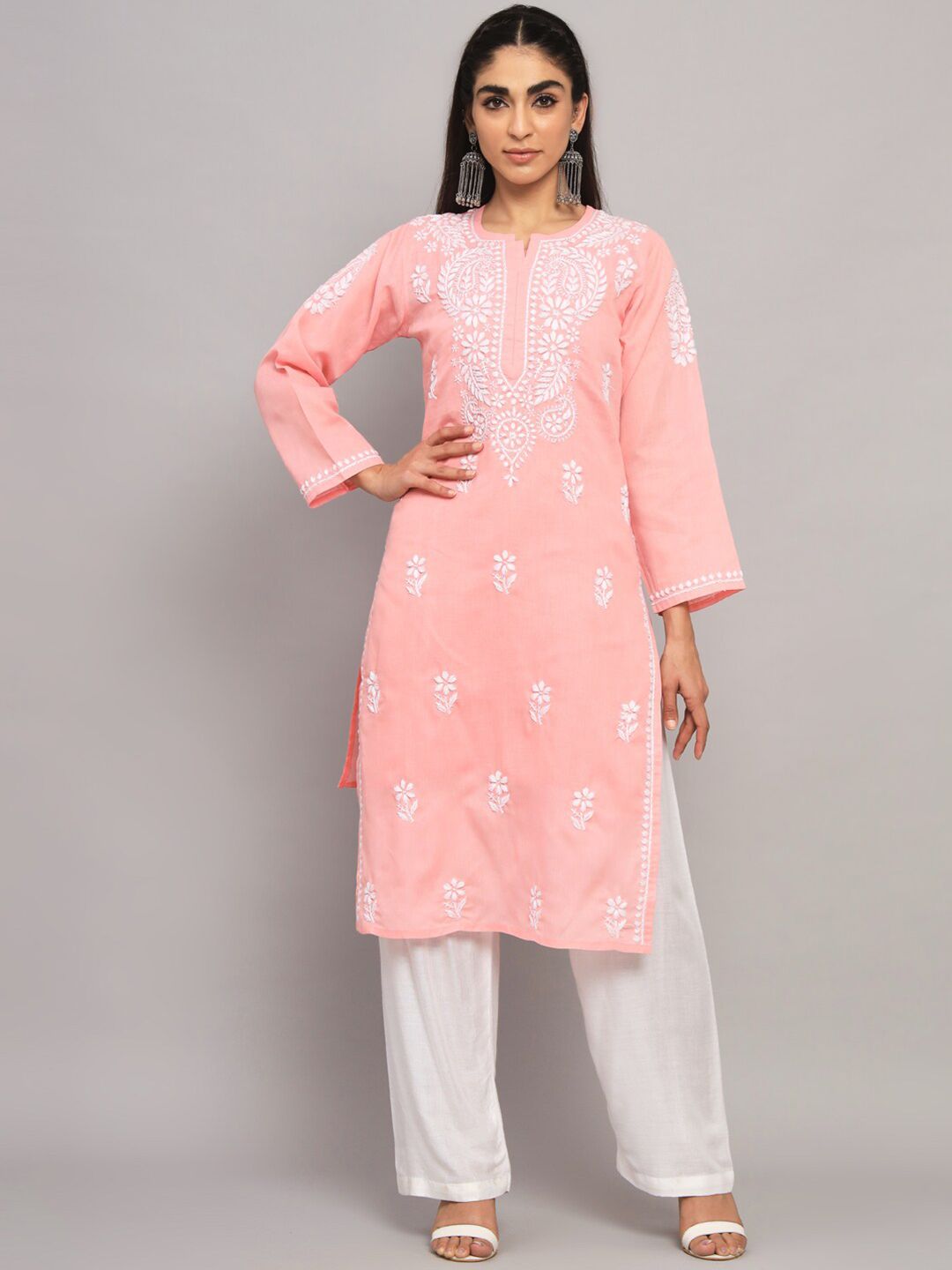 PARAMOUNT CHIKAN Ethnic Motifs Embroidered Chikankari Cotton Straight Kurta-picture-33
