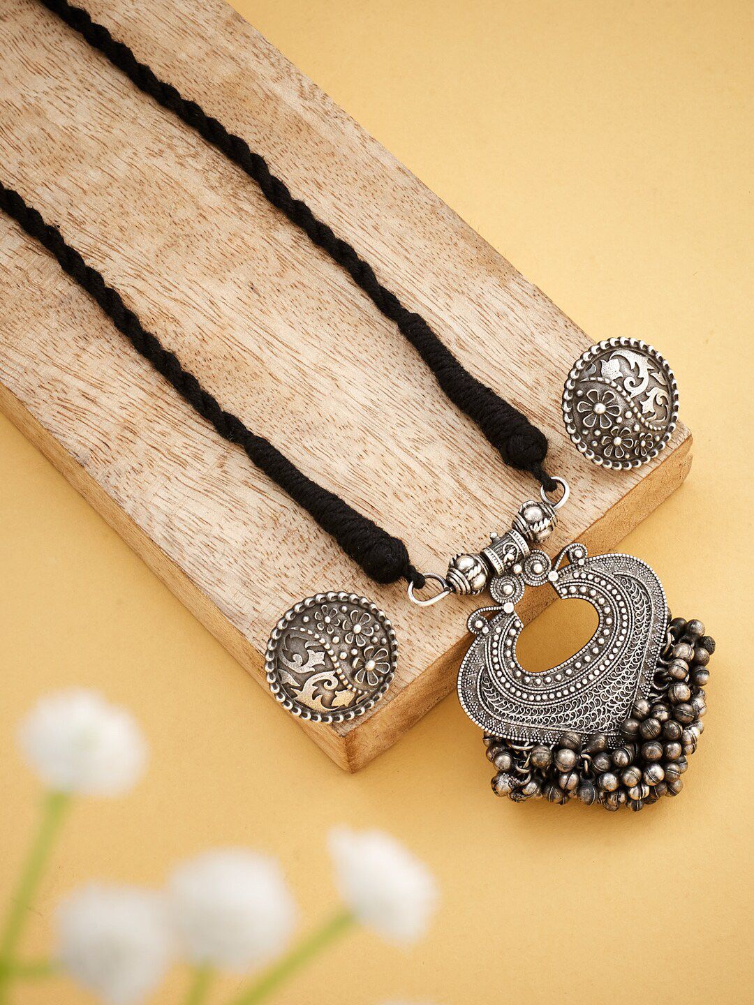 ATIBELLE Oxidized German Silver-Plated Ghunghroo Beaded Necklace & Earrings Set