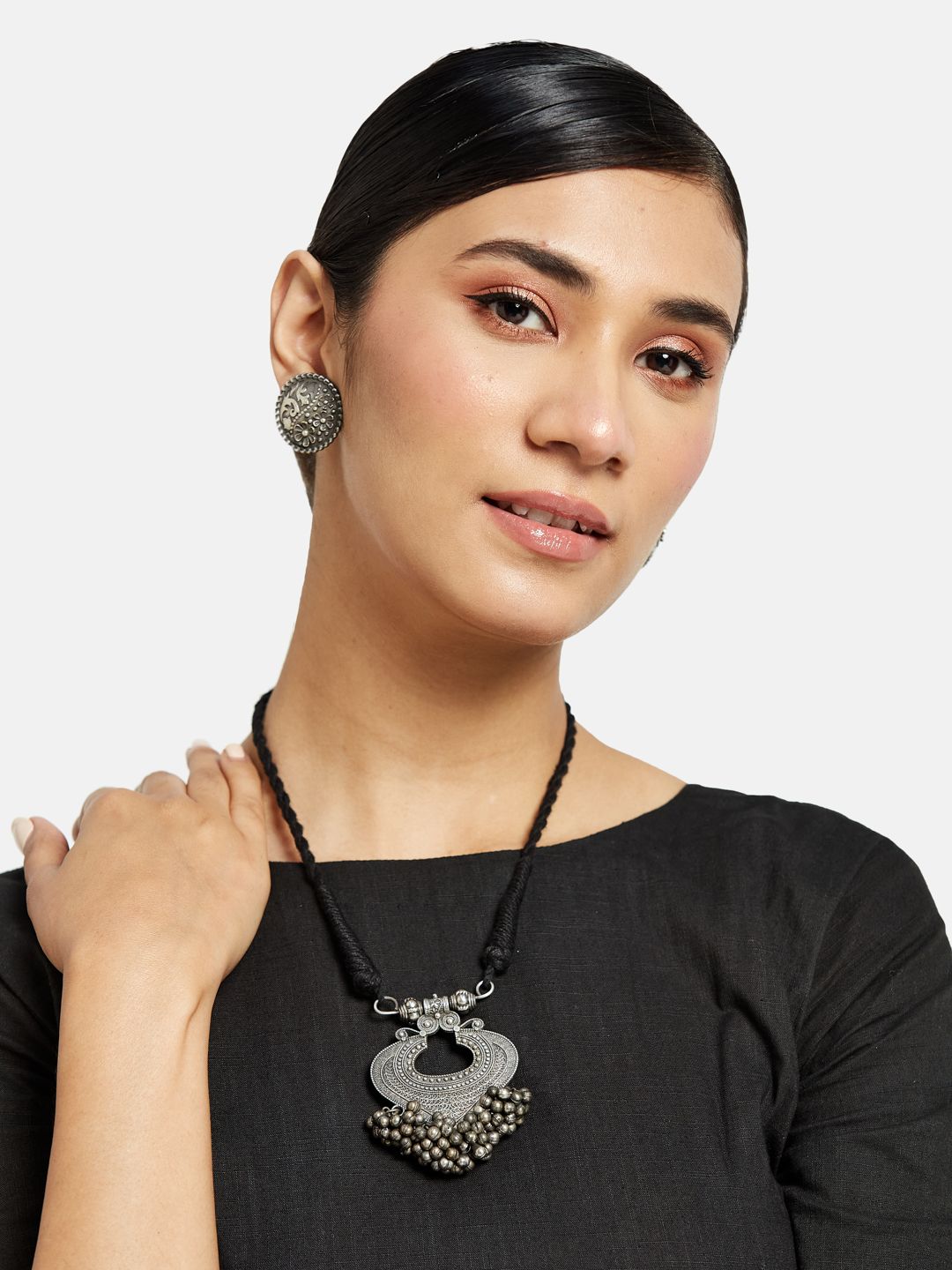 ATIBELLE Oxidized German Silver-Plated Ghunghroo Beaded Necklace & Earrings Set
