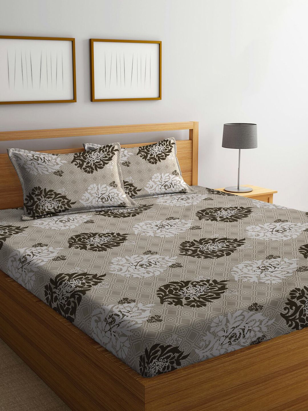 KLOTTHE Beige & Brown Floral Printed 300TC Double King Bedsheet With 2 Pillow Covers-picture-10