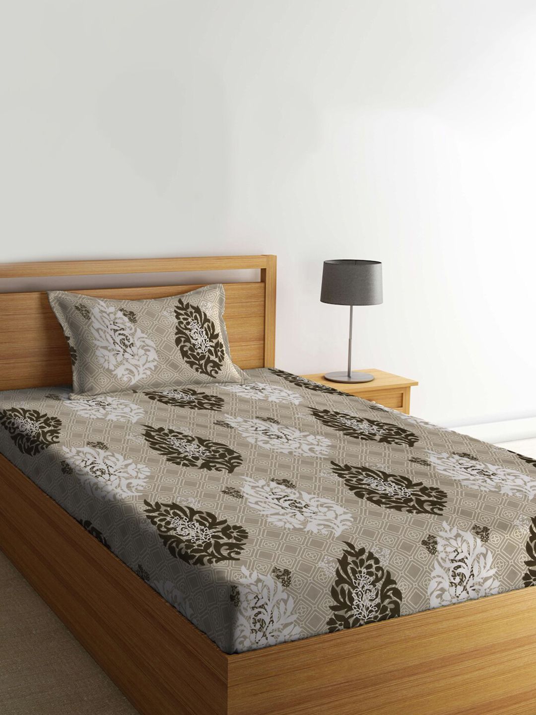 KLOTTHE Beige & Brown Floral Printed 300TC Fitted Single Bedsheet With 1 Pillow Cover-picture-20