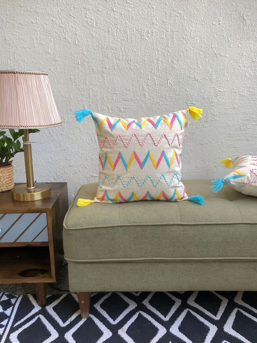 JASMEY HOMES madhuban Khaki & Blue Embroidered Cotton Square Cushion Cover-picture-39