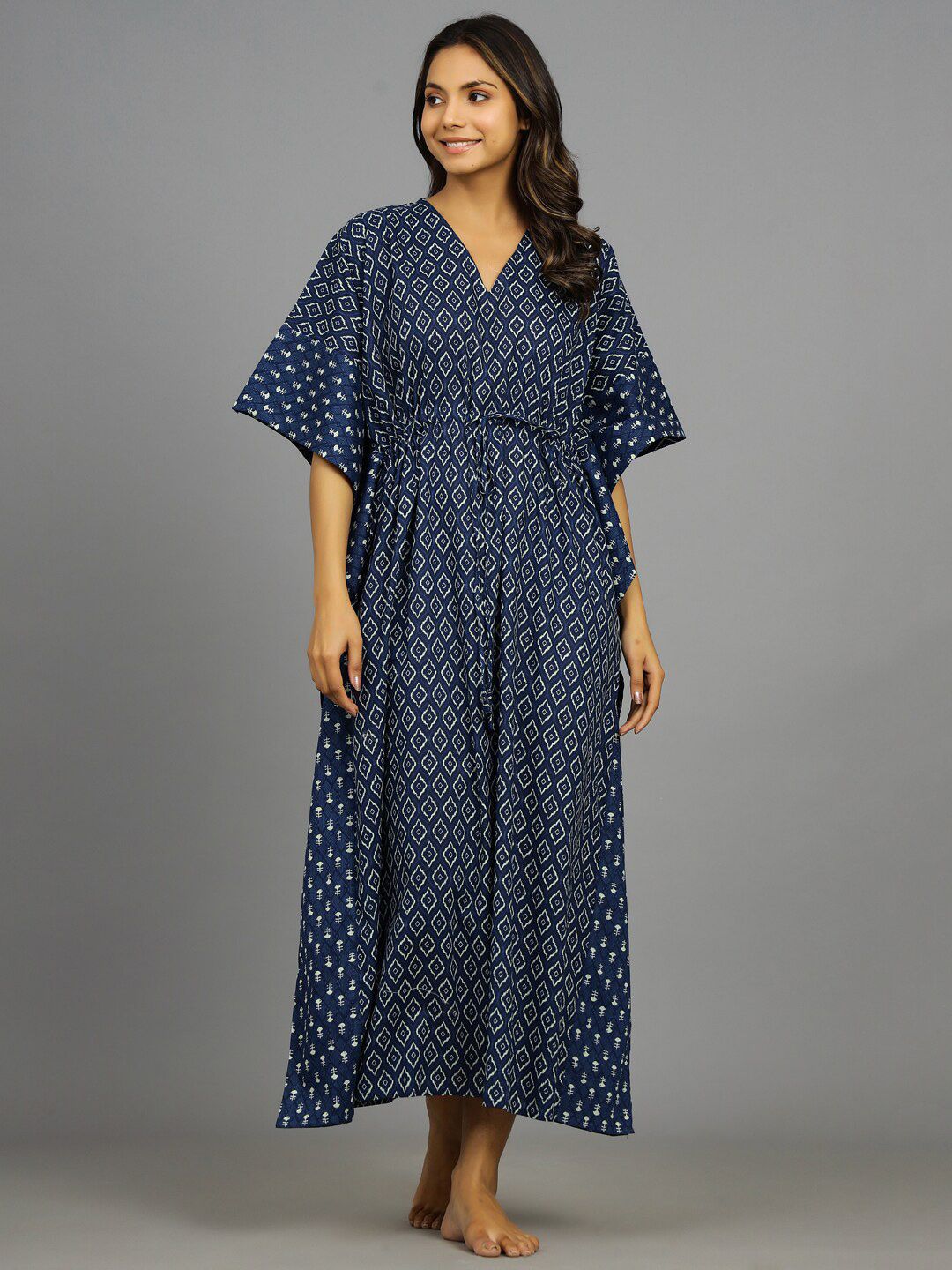 HANDICRAFT PALACE Ethnic Motifs Printed Pure Cotton Kaftan Maxi Nightdress-image-47