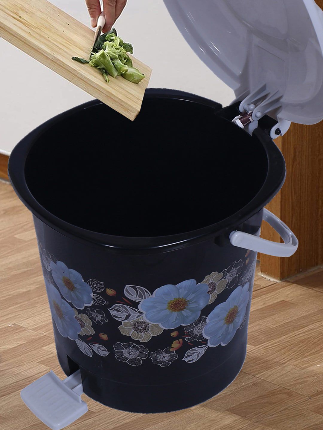 Kuber Industries Black & Grey Floral Printed Durable  Pedal Dustbin With Handle -7Ltr-picture-32