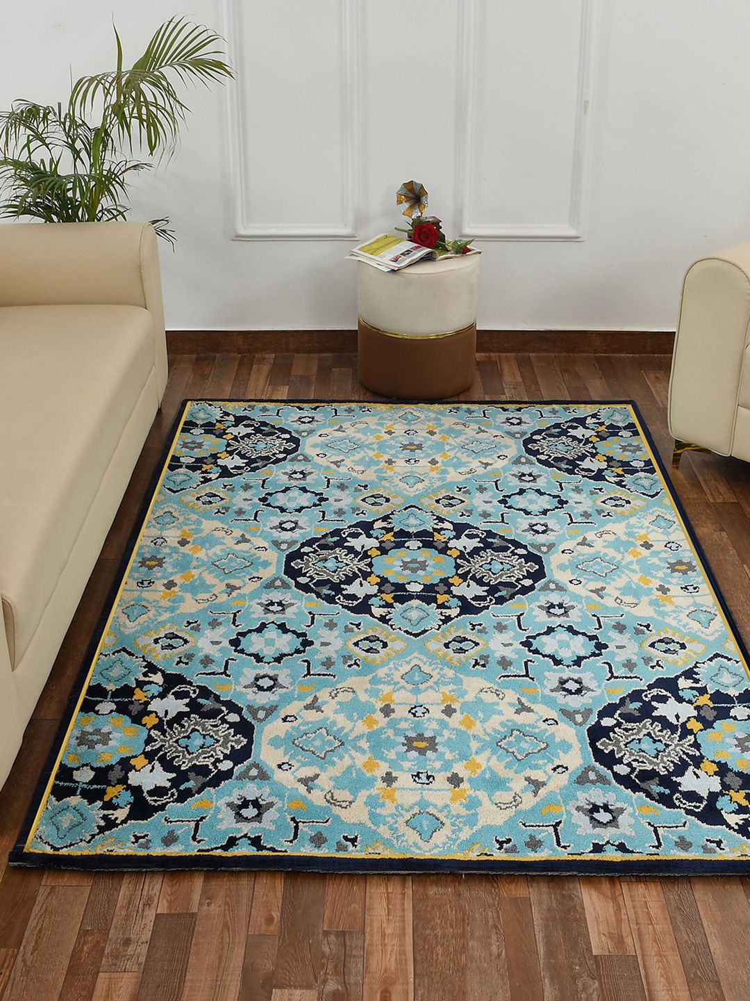 PRESTO Navy Blue & Yellow Ethnic Motif Printed Traditional No-Shred Carpet-image-41