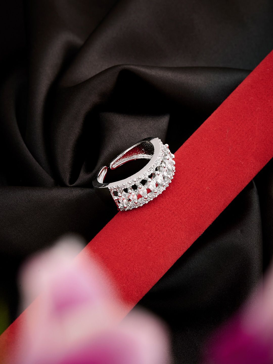 ATIBELLE Silver-Plated AD Studded Adjustable Finger Ring