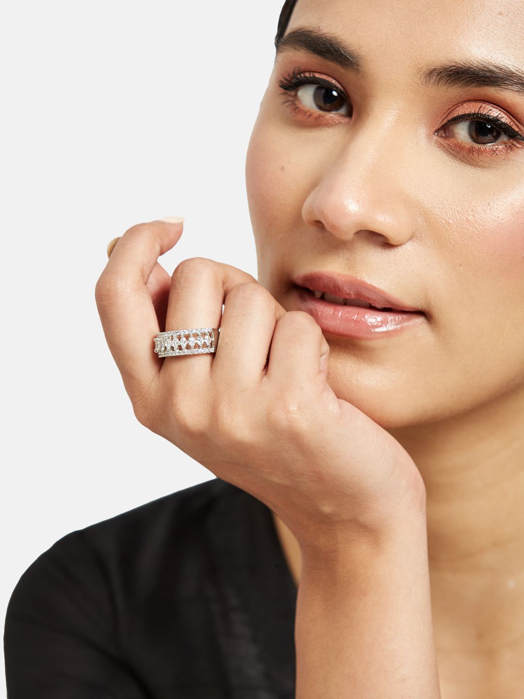 ATIBELLE Silver-Plated AD Studded Adjustable Finger Ring