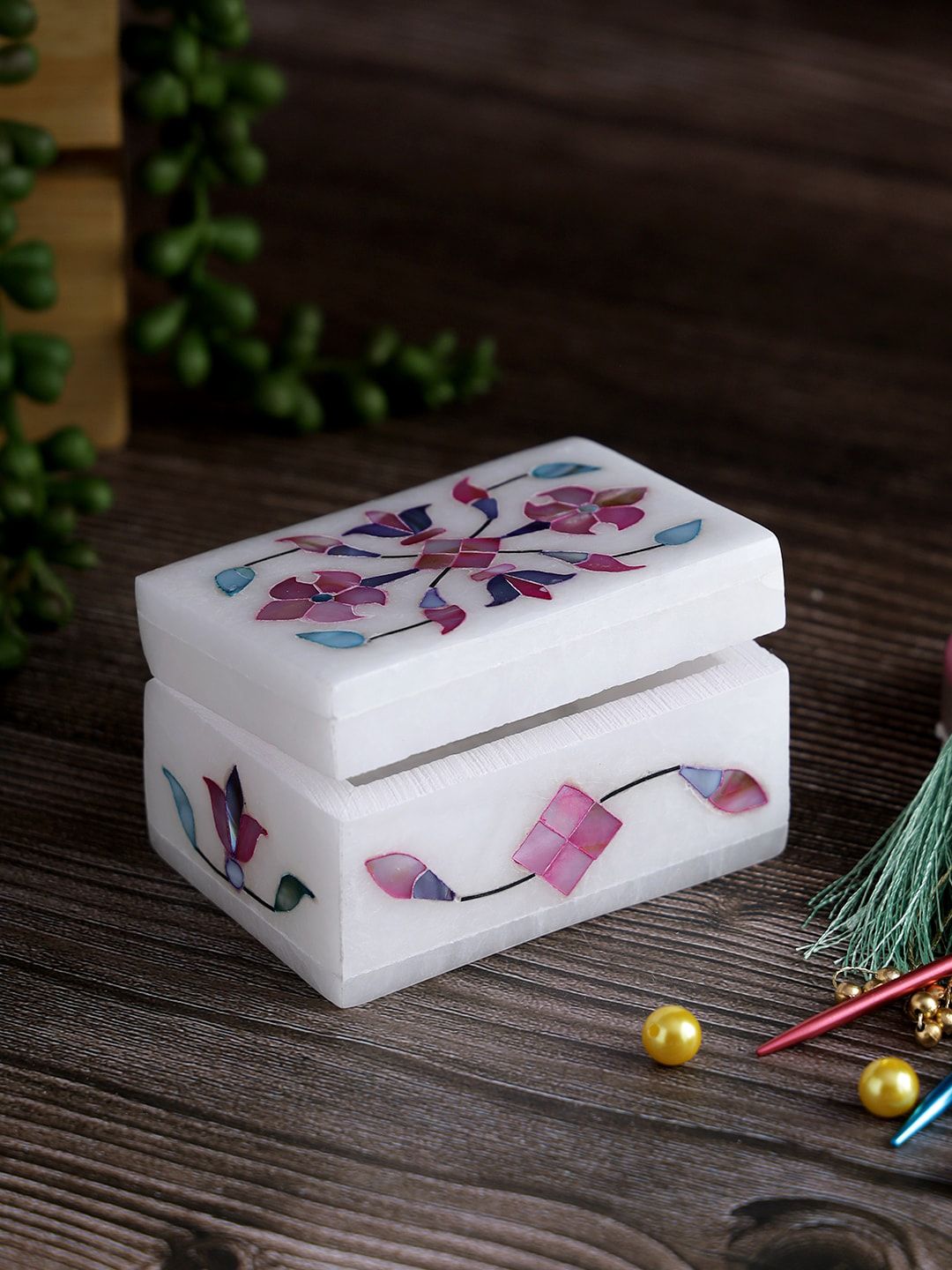 Aapno Rajasthan Marquetry Inlay Pink & White Floral Printed Marble Jewellery Organiser-picture-29