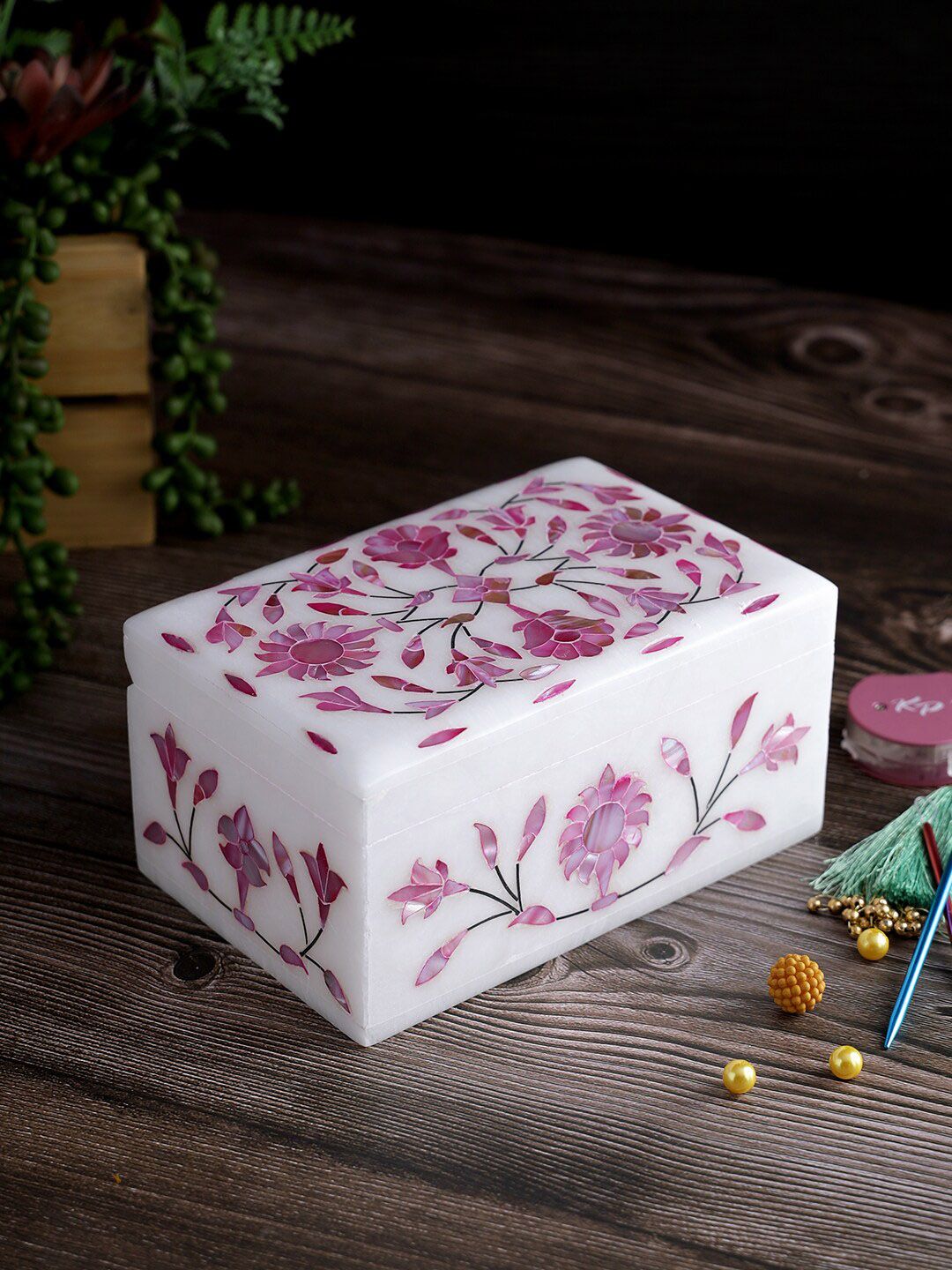 Aapno Rajasthan Marquetry Inlay Pink & White Printed Marble Jewellery Organiser-picture-24