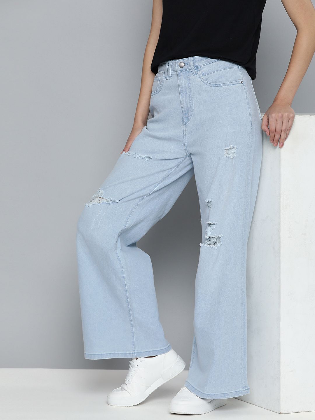Women's Blue Wide Leg High-Rise Mildly Distressed Heavy Fade Jeans main image 0