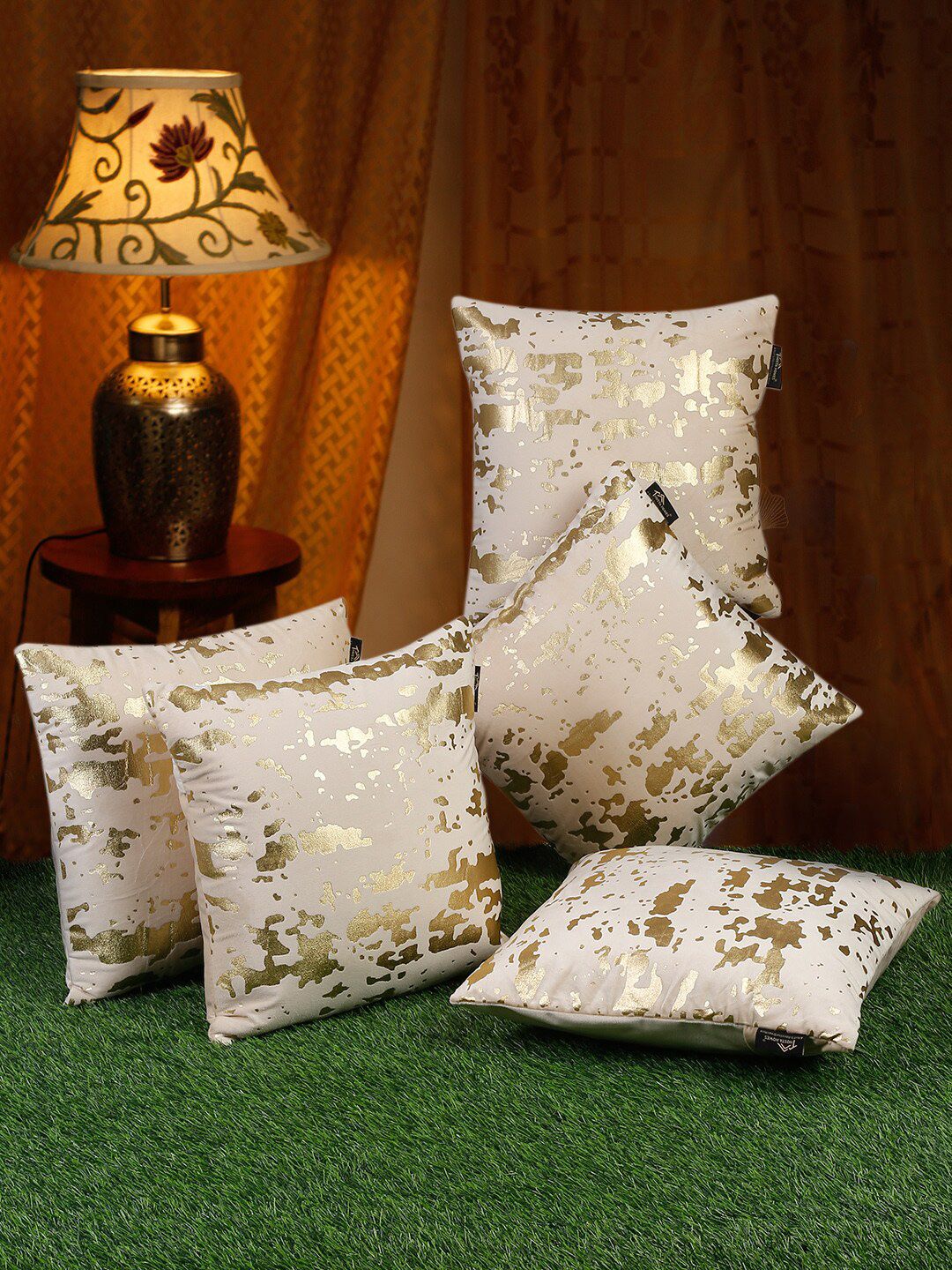 HOSTA HOMES Beige & Gold-Toned 5 Pcs Abstract Velvet Square Cushion Covers-image-5