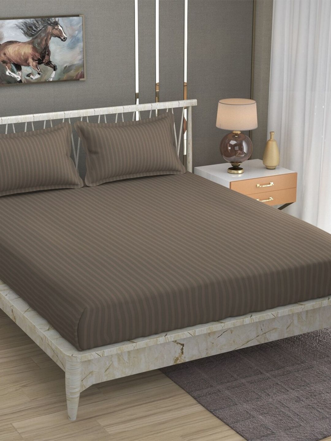 BELVOSTUM Beige Striped 220 TC Cotton Queen Bedsheet With 2 Pillow Covers-image-38