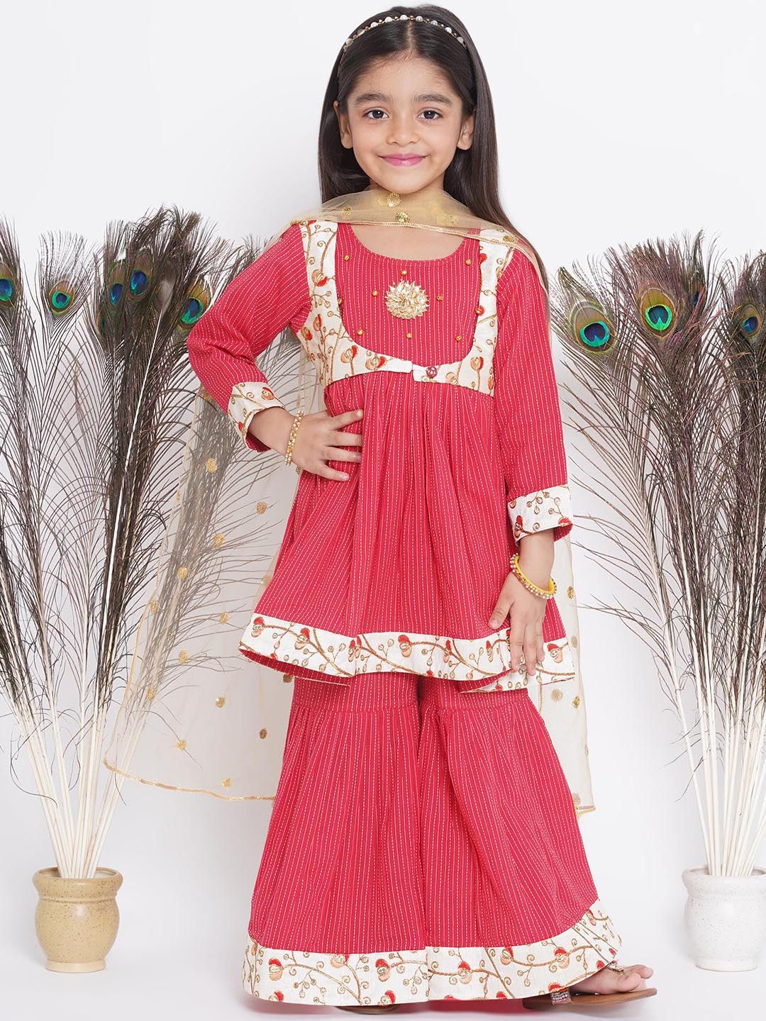 Little Bansi Girls Red Striped Regular Thread Work Pure Cotton Kurta with Sharara & With Dupatta-picture-34