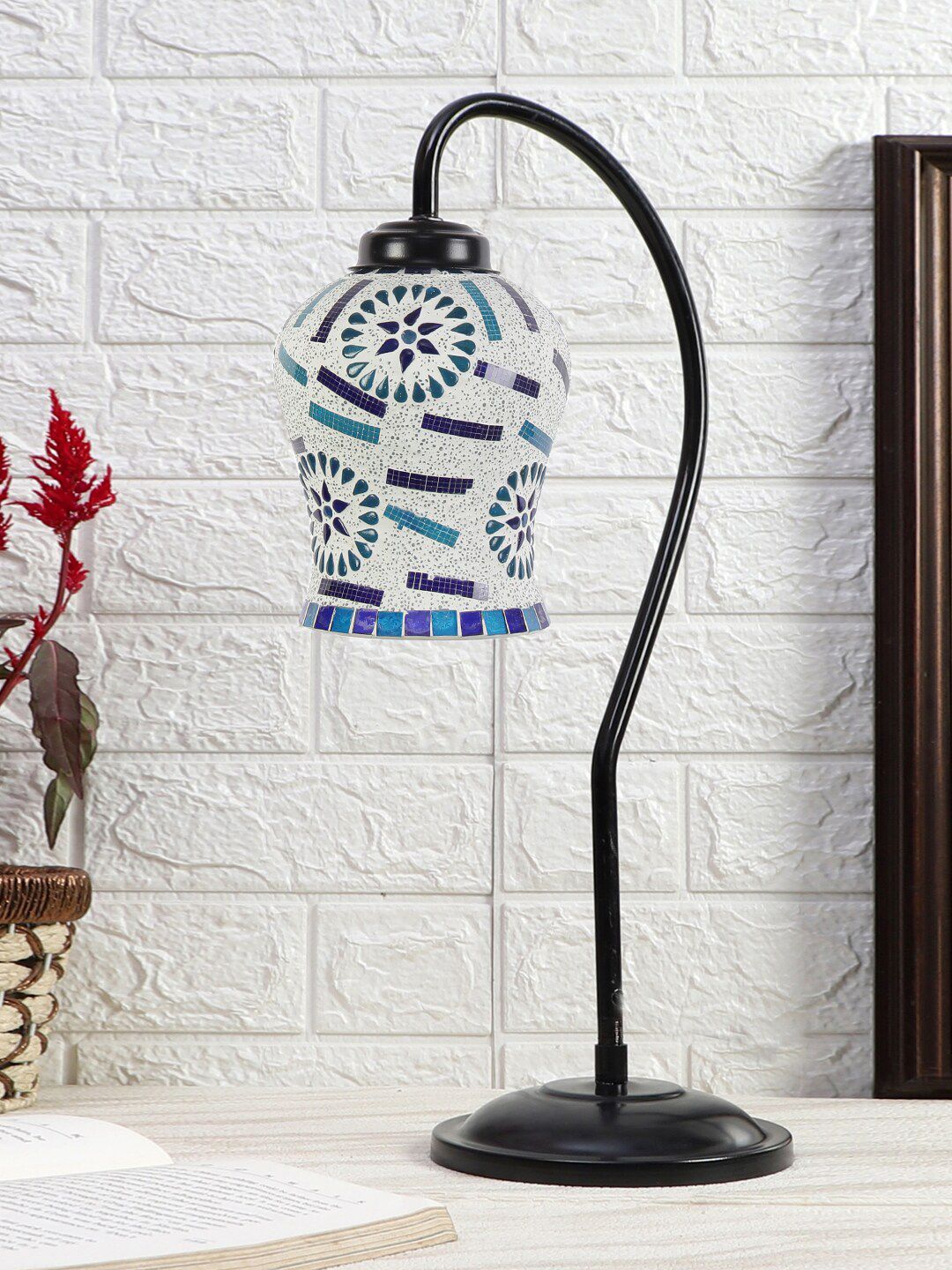 Devansh Black & White Printed Curvy Table Lamp With Mosaic Glass Lamp Shade-image-12