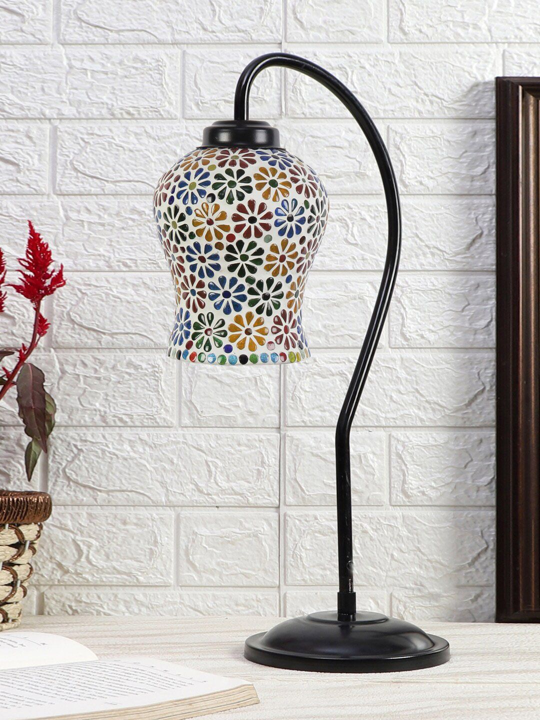 Devansh Black & White Printed Curvy Table Lamp With Mosaic Glass Shade-image-9