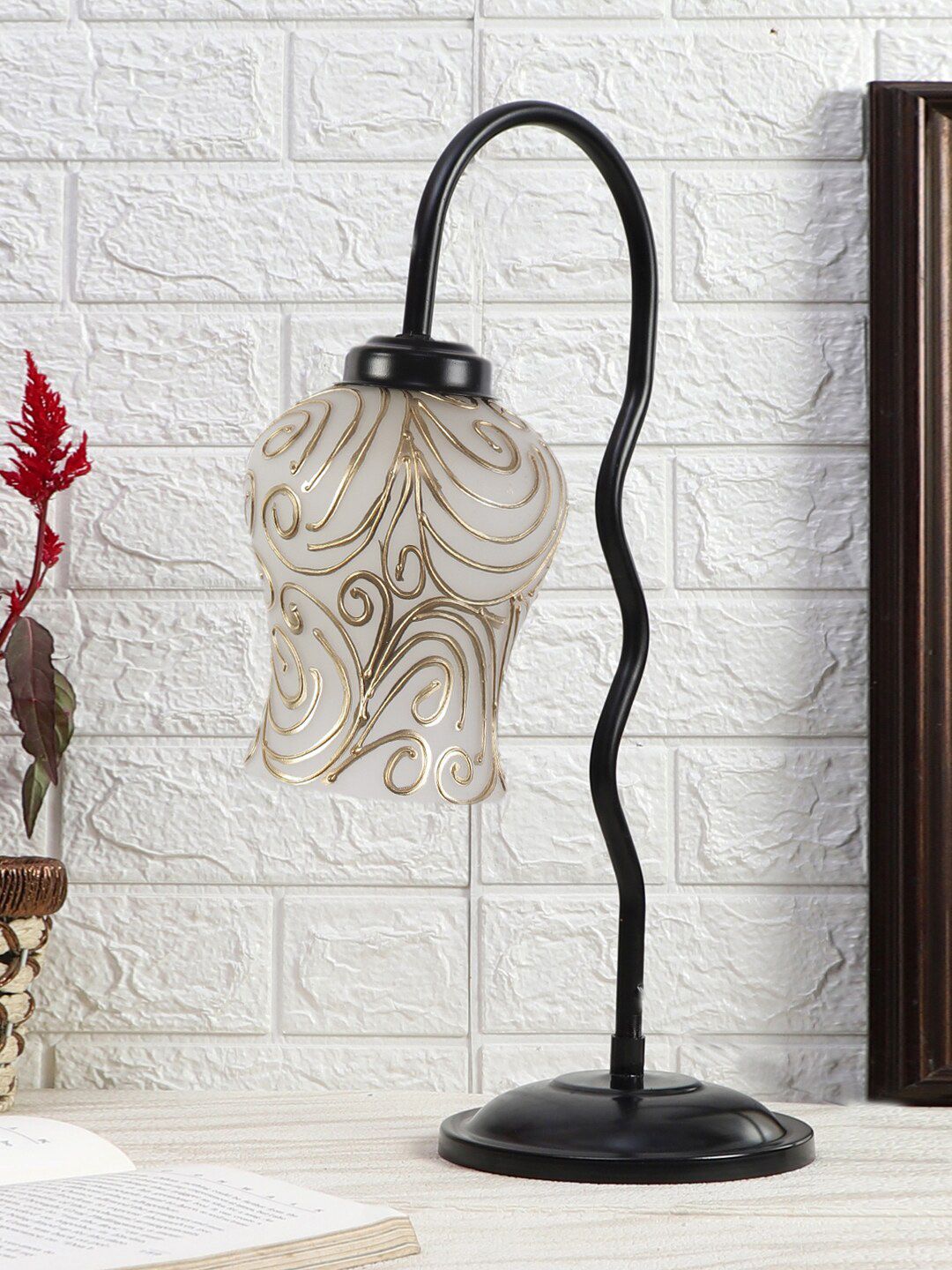 Devansh Black & White Printed Zig Zag Curvy Table Lamp With Mosaic Glass Shade-image-19