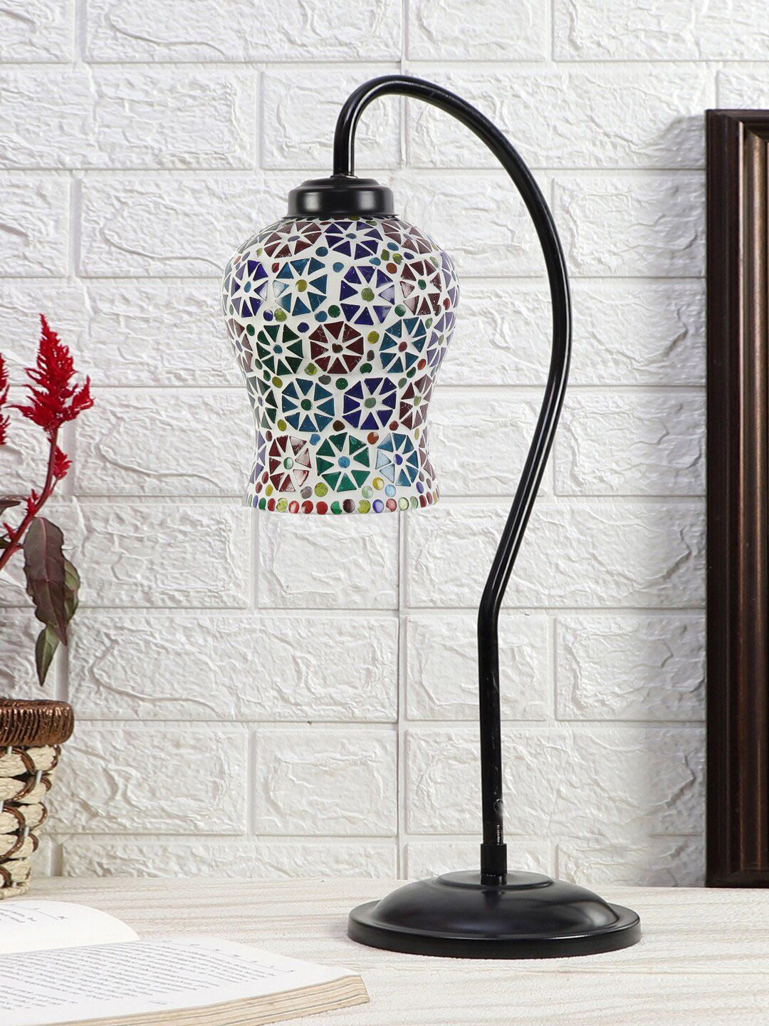 Devansh Black & White Printed Curvy Table Lamp With Mosaic Glass Shade-image-7