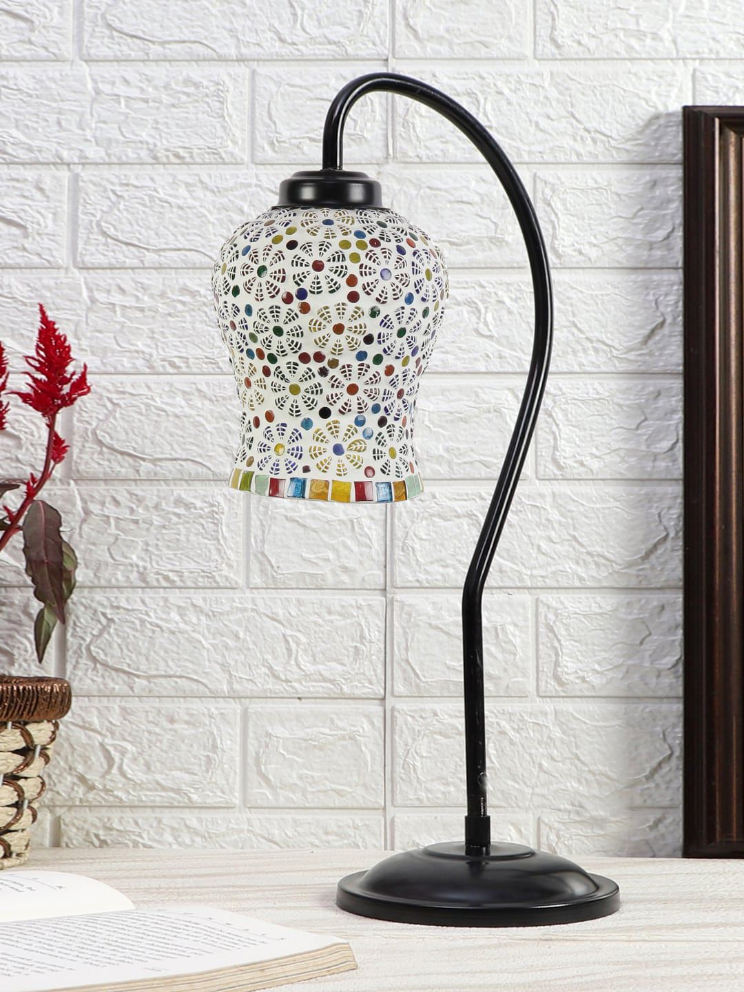 Devansh White & Yellow Mosaic Printed Glass Zig Zag Curvy Iron Metal Table Lamp-picture-27