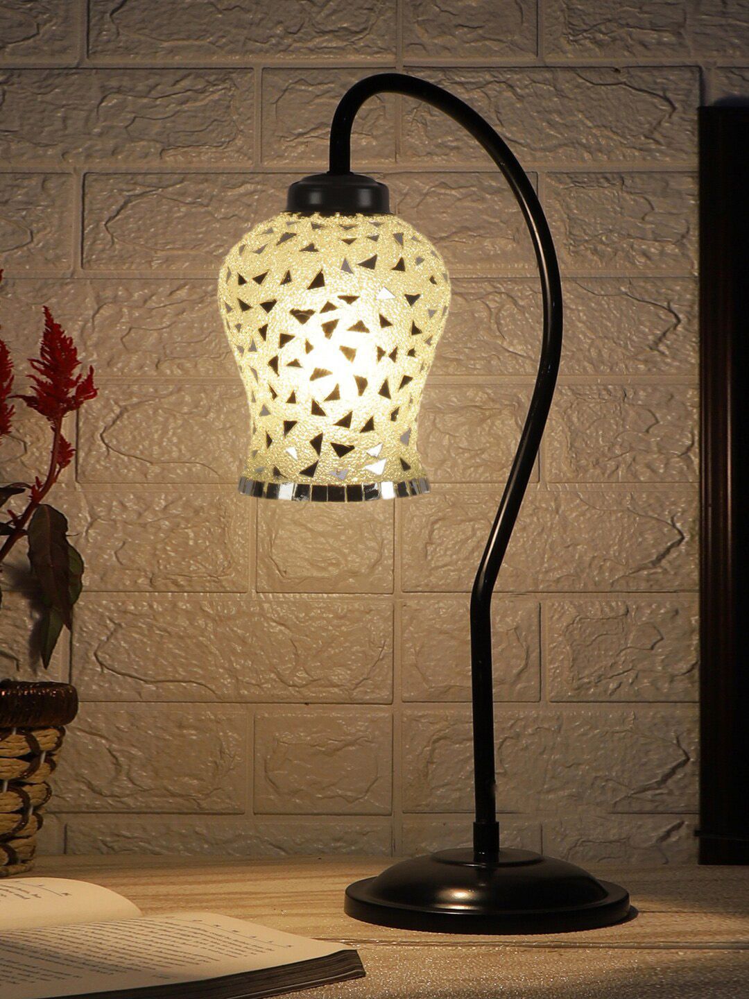 Devansh White & Silver-Toned Mosaic Printed Glass Zig Zag Curvy Iron Metal Table Lamp-picture-29