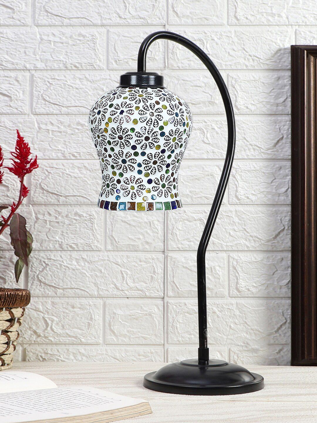 Devansh Black & White  Printed Curvy Table Lamp With Mosaic Glass Shade-image-6