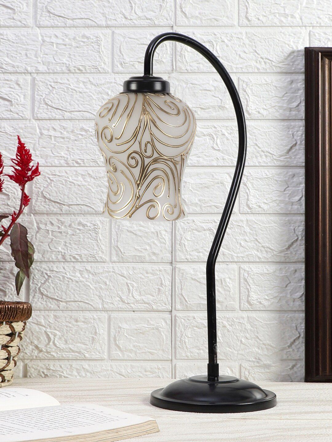 Devansh Black & White Printed Curvy Table Lamp With Mosaic Glass Shade-image-2