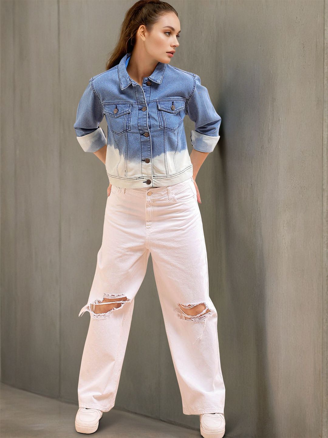 Freehand by The Indian Garage Co Colourblocked Cotton Crop Denim Jacket