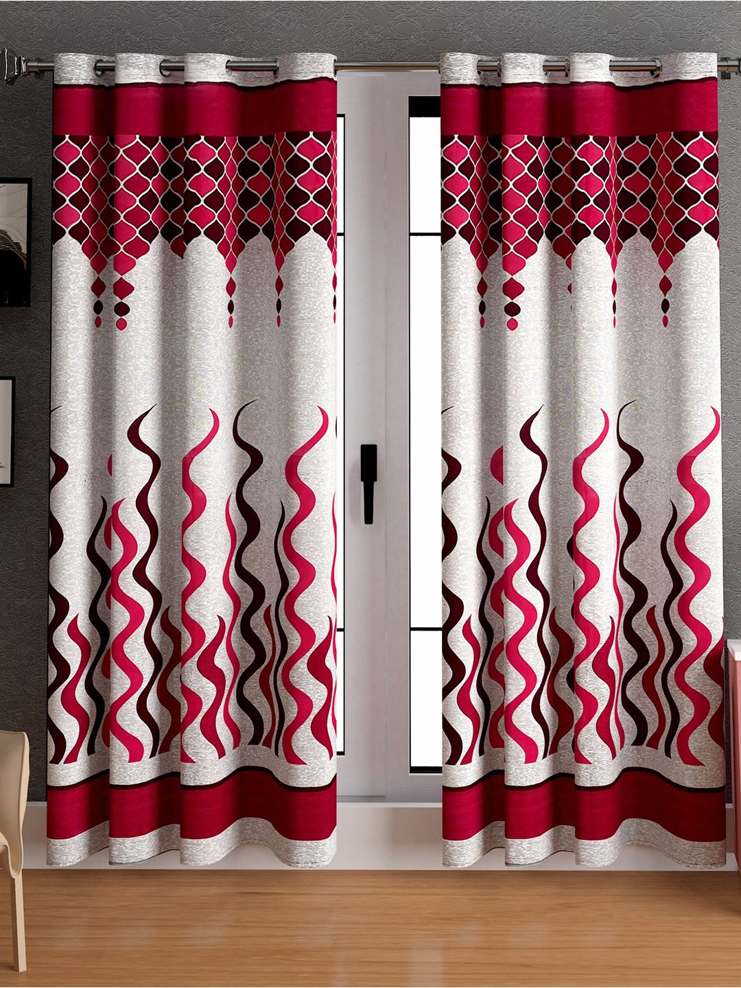 LA VERNE Maroon & White 2 Pieces Abstract Door Curtains-image-4