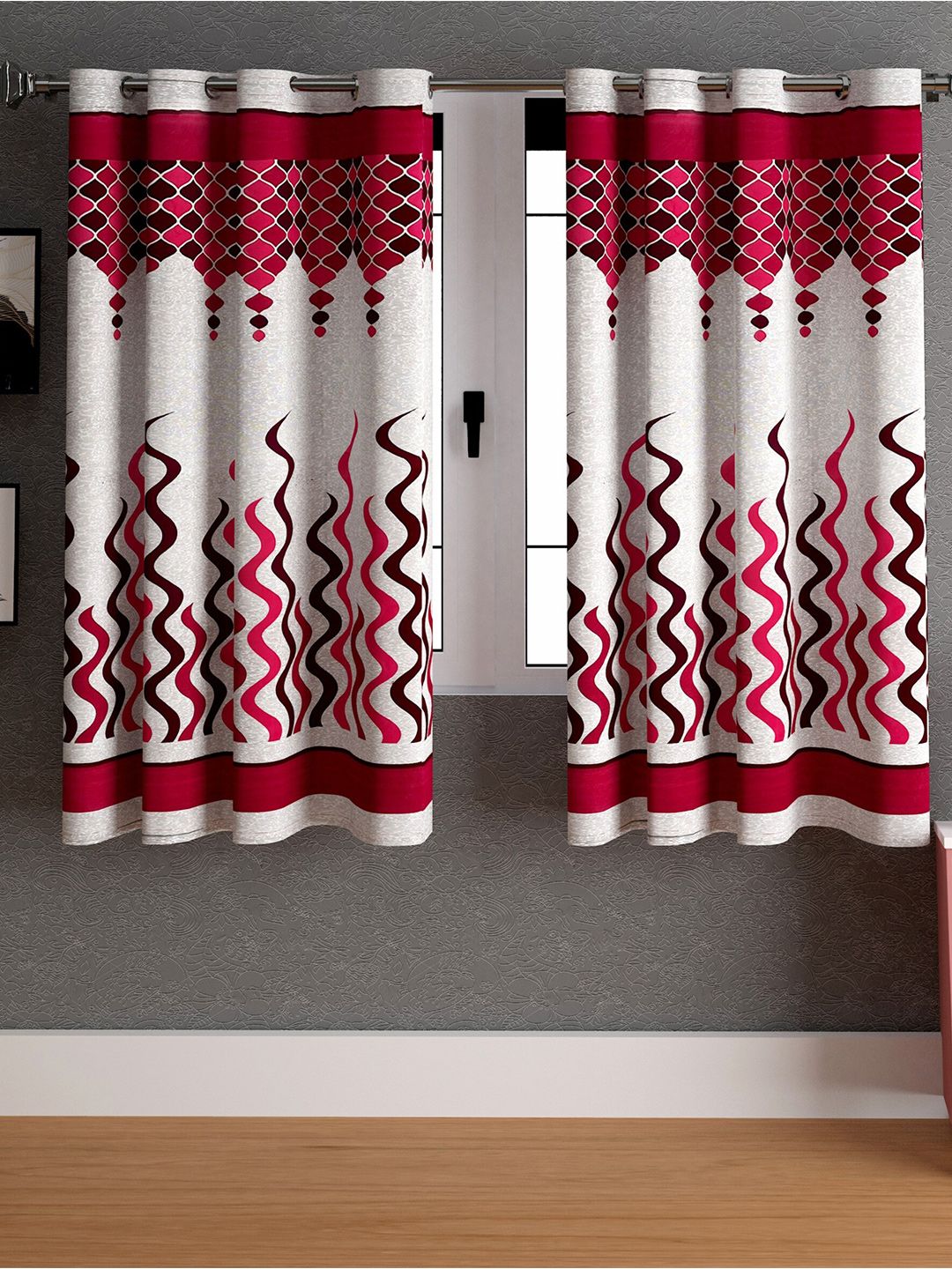 LA VERNE Maroon & White 2 Pieces Abstract Window Curtains-image-7