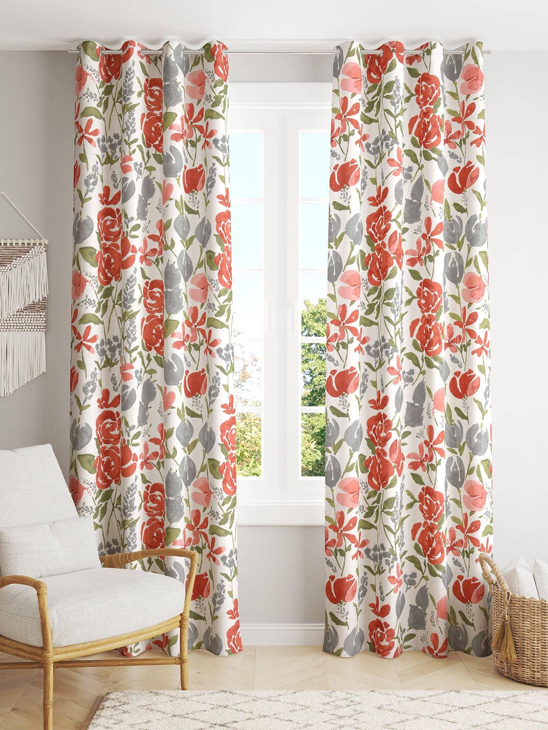 Trance Home Linen White & Red 2 Pieces Floral Printed Cotton Window Curtains-picture-13
