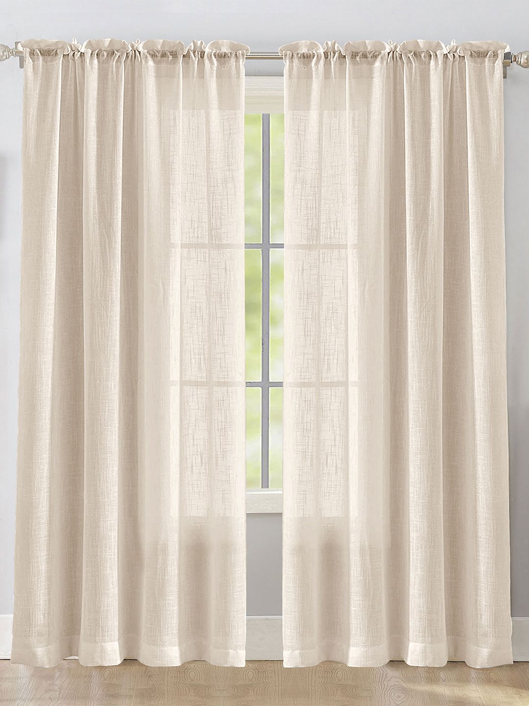 HOMEMONDE Beige 2 Pieces Sheer Rod Pocket Window Curtains-image-0