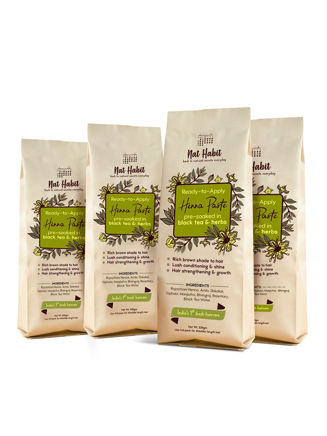 Nat Habit Set Of 4 Ready-To-Apply Henna Paste - 100% Natural - Soaked In Black Tea  Herbs 220 g Each - Dark Brown-picture-25