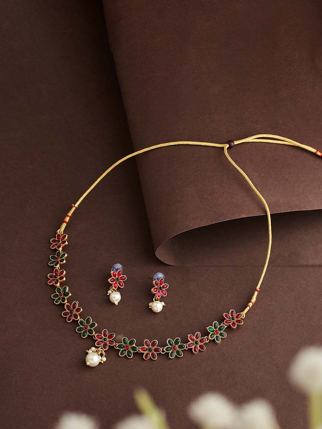 ATIBELLE Gold-Plated Floral Shaped Artificial Stones-Studded & Beaded Jewellery Set