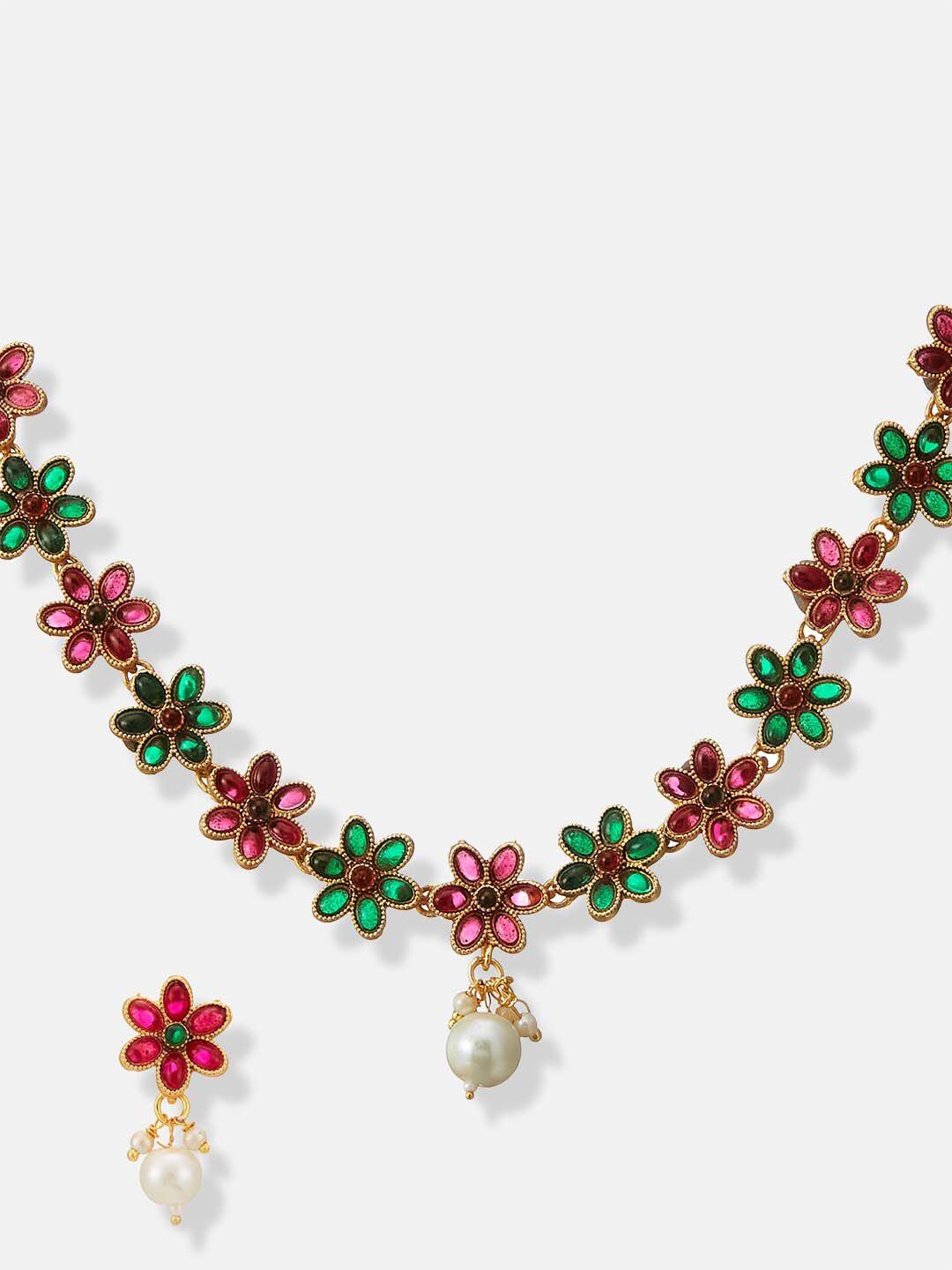 ATIBELLE Gold-Plated Floral Shaped Artificial Stones-Studded & Beaded Jewellery Set