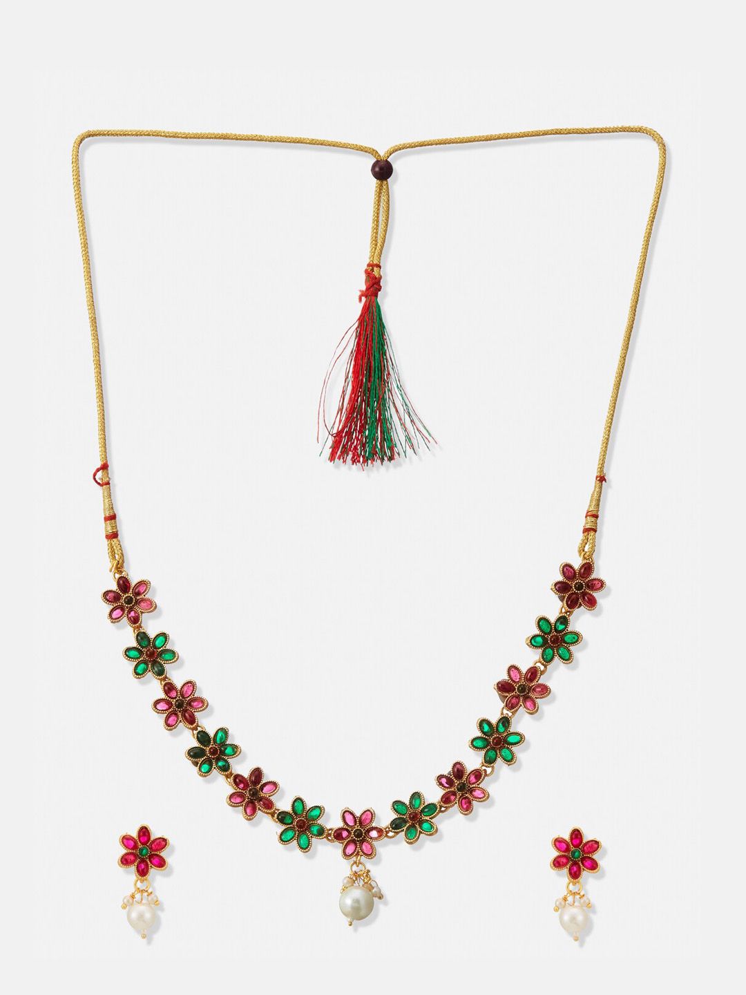ATIBELLE Gold-Plated Floral Shaped Artificial Stones-Studded & Beaded Jewellery Set