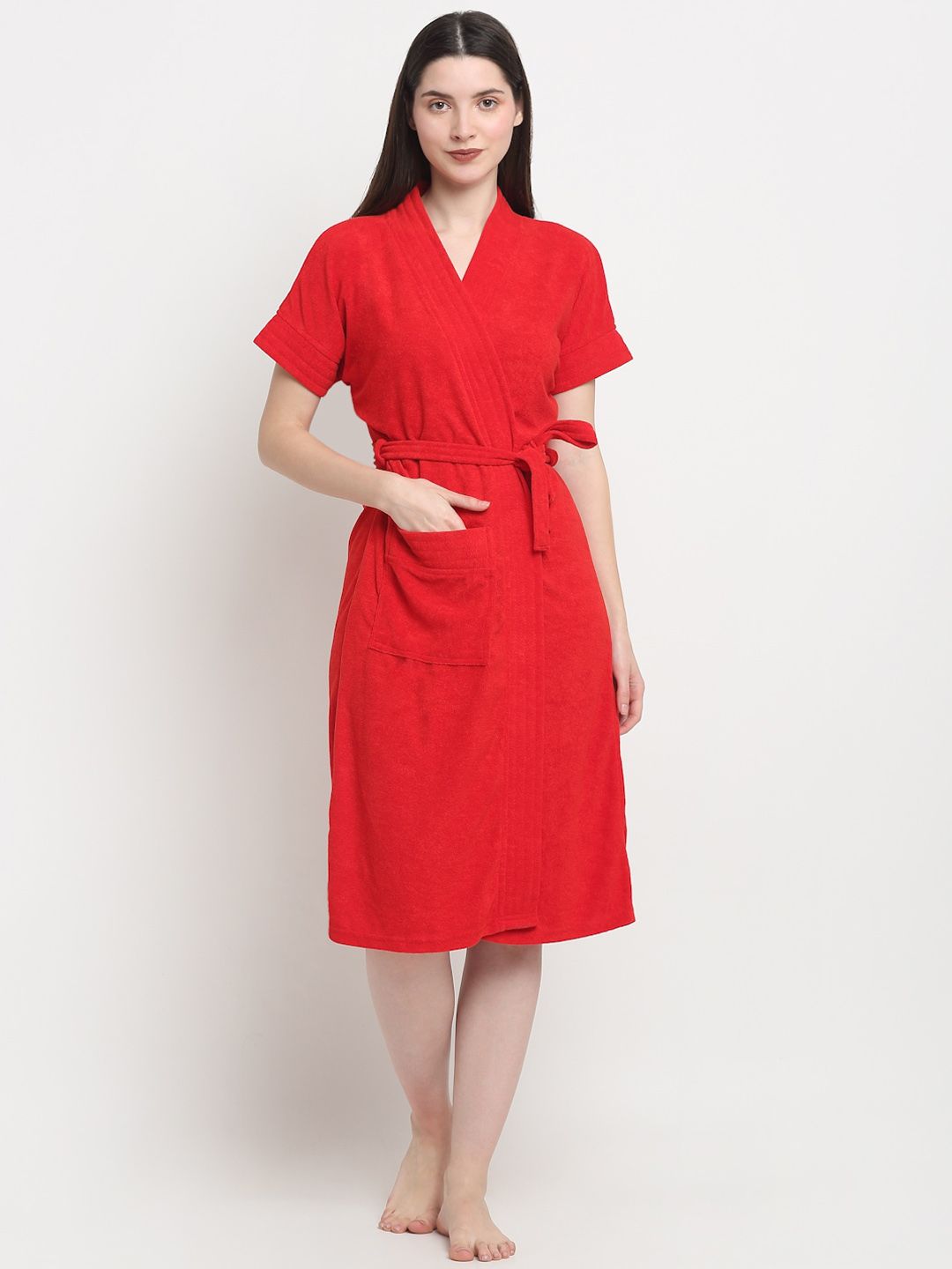 Creeva Everyday Collection Red Terry Cotton Front Pocket Bath Robe-picture-54