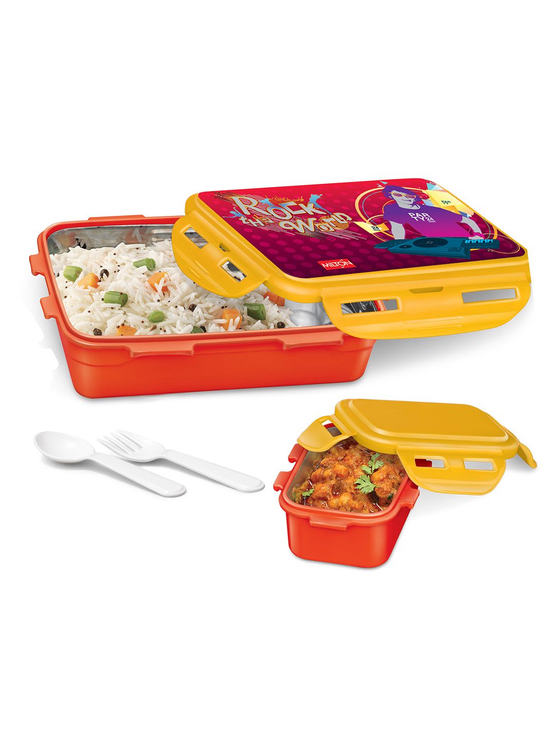 Milton Mini Fun Treat 4 Pcs Red Tiffin Box 650ml with Inner Container 120ml Spoon & Fork-image-41